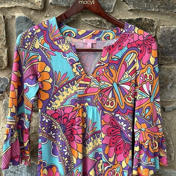 Lilly Pulitzer Silk Blend Women’s Butterfly Groovy Floral Bell Sleeve Dress - Picture 2 of 7